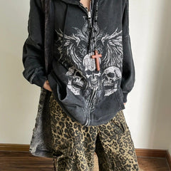 Y2K Gothic velvet skull print zip-up jacket