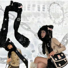 Autumn and winter plush hat scarf gloves all in one Y2K