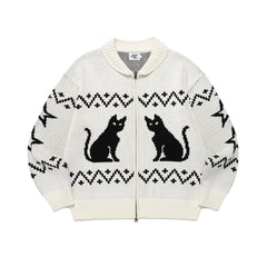 Cat Pattern Hooded Knitted Sweater Zip Cardigan