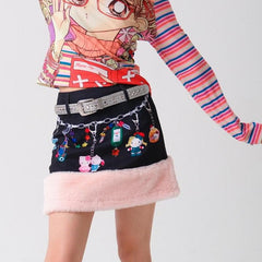 kitty print plush skirt