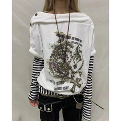 Punk y2k cross striped patchwork sleeve loose top