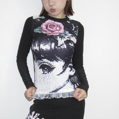 Black and White Manga Girl Stretchy Padded Top