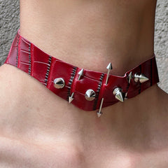 Irregular burgundy leather rivet collar y2k necklace