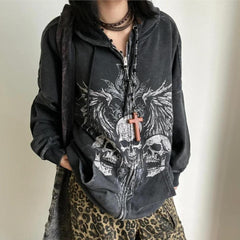 Y2K Gothic Skull Print Zip-Up Hoodie