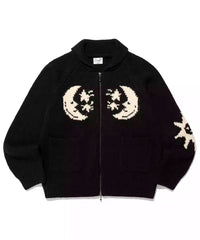 Star Moon Jacquard Lapel Zip Knit Cardigan Sweater