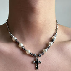 Black cross pearl chain