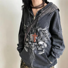 Y2K Gothic Skull Print Zip-Up Hoodie