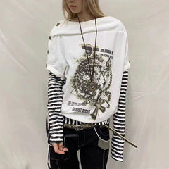 Punk y2k cross striped patchwork sleeve loose top