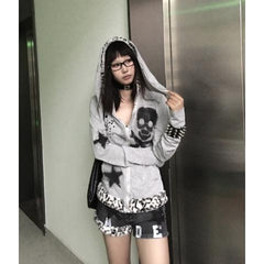 Winter y2k punk rabbit ears skull zipper sweatshirt