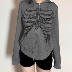 Printed zip-up hooded loose jacket