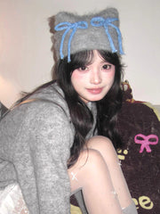 Cute girl bow hat y2k warm knitted wool hat