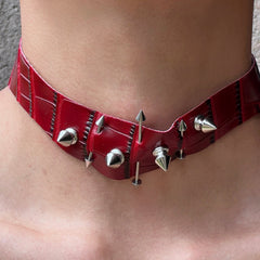 Irregular burgundy leather rivet collar y2k necklace