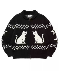 Cat Pattern Hooded Knitted Sweater Zip Cardigan