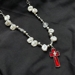 Red Cross Pearl Patchwork Necklace