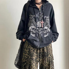 Y2K Gothic Skull Print Zip-Up Hoodie