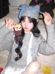 Cute girl bow hat y2k warm knitted wool hat