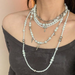 Layered Pearl Cross Necklace