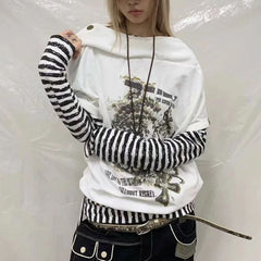 Punk y2k cross striped patchwork sleeve loose top