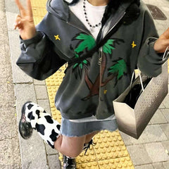 Palm Tree Print Hooded Zip Sweatshirt