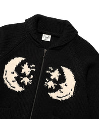 Star Moon Jacquard Lapel Zip Knit Cardigan Sweater