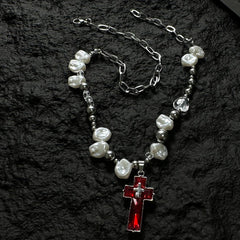 Red Cross Pearl Patchwork Necklace