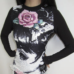 Black and White Manga Girl Stretchy Padded Top