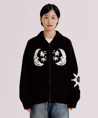 Star Moon Jacquard Lapel Zip Knit Cardigan Sweater