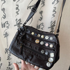 Button Washed Leather Shoulder Bag