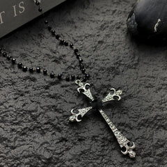 Black Beaded Cross Necklace