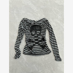 Striped punk skull print y2k long sleeve