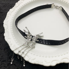 Butterfly Tassel Black Leather Necklace