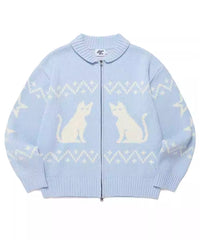 Cat Pattern Hooded Knitted Sweater Zip Cardigan