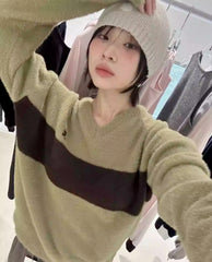 Loose Lazy Style V-Neck Colour Block Sweater Knitwear