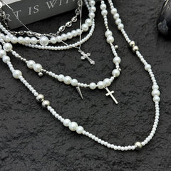 Layered Pearl Cross Necklace