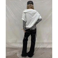 Punk y2k cross striped patchwork sleeve loose top