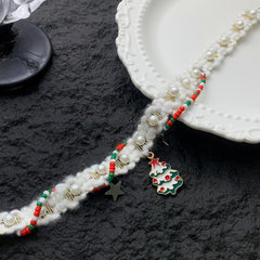 White Plush Christmas Tree Star Necklace