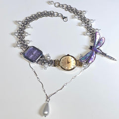 Titanium steel Dragonfly pearl watch necklace