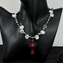 Red Cross Pearl Patchwork Necklace