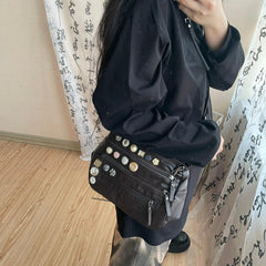 Button Washed Leather Shoulder Bag