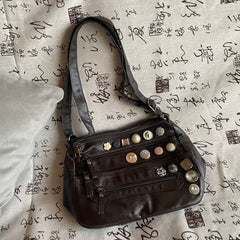 Button Washed Leather Shoulder Bag