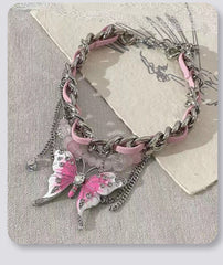 Pink butterfly choker y2k necklace