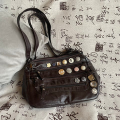 Button Washed Leather Shoulder Bag