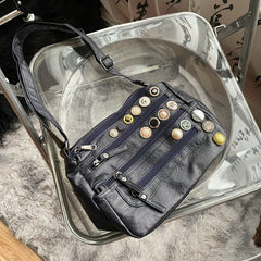 Button Washed Leather Shoulder Bag