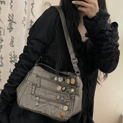 Button Washed Leather Shoulder Bag