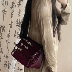 Button Washed Leather Shoulder Bag