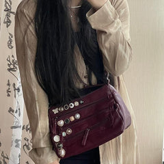 Button Washed Leather Shoulder Bag