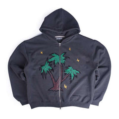 Palm Tree Print Hooded Zip Sweatshirt