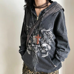 Y2K Gothic velvet skull print zip-up jacket