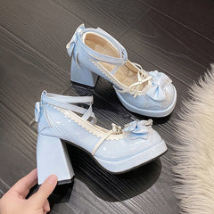 Sweet Lolita bow leather shoes high heels