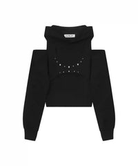 Sexy Shoulder Leakage Slim Short Sports Hooded Sweatshirt